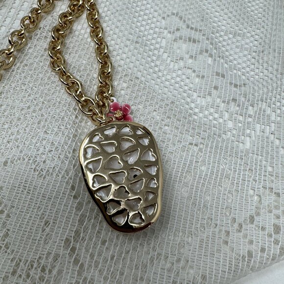 Betsey Johnson Sugar Skull Pendant Necklace Gold Tone Chain Pink Flower Accent - Picture 7 of 9